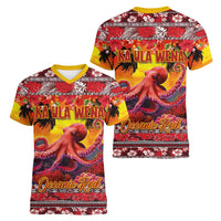 Hawaii KaUla Wena Octopus Women V-Neck T-Shirt Oceanic Red with Corals and Tropical On Sunset Landscape LT03 - Polynesian Pride