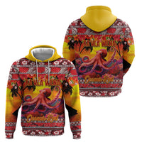 Hawaii KaʻUla Wena Octopus Zip Hoodie Oceanic Red with Corals and Tropical On Sunset Landscape
