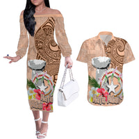 Northern Mariana Islands Hafa Adai Latte Stone Couples Matching Off The Shoulder Long Sleeve Dress and Hawaiian Shirt Peach Fuzz Color LT03 Peach Fuzz Color - Polynesian Pride