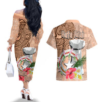 Northern Mariana Islands Hafa Adai Latte Stone Couples Matching Off The Shoulder Long Sleeve Dress and Hawaiian Shirt Peach Fuzz Color LT03 - Polynesian Pride