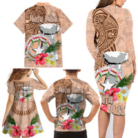 Northern Mariana Islands Hafa Adai Latte Stone Family Matching Long Sleeve Bodycon Dress and Hawaiian Shirt Peach Fuzz Color LT03 - Polynesian Pride