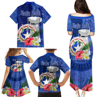 Northern Mariana Islands Hafa Adai Latte Stone Family Matching Puletasi and Hawaiian Shirt Blue Color LT03 - Polynesian Pride