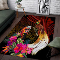 Papua New Guinea Bird-of-Paradise Area Rug Hibiscus and Kundu Drum Tribal Pattern