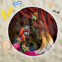 Papua New Guinea Bird-of-Paradise Beach Blanket Hibiscus and Kundu Drum Tribal Pattern LT03 One Size 150cm Yellow - Polynesian Pride