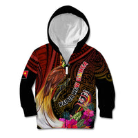 Papua New Guinea Bird-of-Paradise Kid Hoodie Hibiscus and Kundu Drum Tribal Pattern LT03 Zip Hoodie Yellow - Polynesian Pride