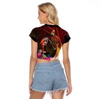 Papua New Guinea Bird-of-Paradise Raglan Cropped T Shirt Hibiscus and Kundu Drum Tribal Pattern LT03 - Polynesian Pride