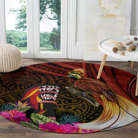Papua New Guinea Bird-of-Paradise Round Carpet Hibiscus and Kundu Drum Tribal Pattern