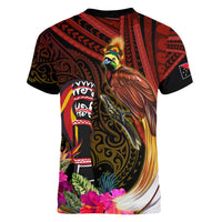 Papua New Guinea Bird-of-Paradise Women V Neck T Shirt Hibiscus and Kundu Drum Tribal Pattern LT03 - Polynesian Pride