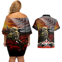 New Zealand ANZAC Day Couples Matching Off Shoulder Short Dress and Hawaiian Shirt The Ode of Remembrance and Silver Fern LT03 - Polynesian Pride
