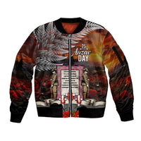 New Zealand ANZAC Day Sleeve Zip Bomber Jacket The Ode of Remembrance and Silver Fern LT03 Unisex Black - Polynesian Pride