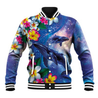 Hawaiian Lei Day Plumeria Humpback Whales Baseball Jacket Polynesian Art Vibrant Starry Nebula Style LT03 Unisex Art - Polynesian Pride