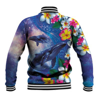 Hawaiian Lei Day Plumeria Humpback Whales Baseball Jacket Polynesian Art Vibrant Starry Nebula Style LT03 - Polynesian Pride