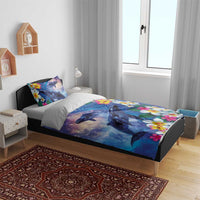 Hawaiian Lei Day Plumeria Humpback Whales Bedding Set Polynesian Art Vibrant Starry Nebula Style