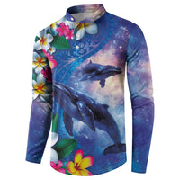 Hawaiian Lei Day Plumeria Humpback Whales Button Sweatshirt Polynesian Art Vibrant Starry Nebula Style LT03 - Polynesian Pride