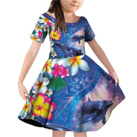 Hawaiian Lei Day Plumeria Humpback Whales Family Matching Off Shoulder Short Dress and Hawaiian Shirt Polynesian Art Vibrant Starry Nebula Style