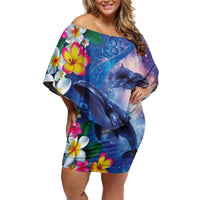 Hawaiian Lei Day Plumeria Humpback Whales Family Matching Off Shoulder Short Dress and Hawaiian Shirt Polynesian Art Vibrant Starry Nebula Style