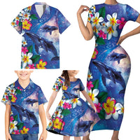 Hawaiian Lei Day Plumeria Humpback Whales Family Matching Short Sleeve Bodycon Dress and Hawaiian Shirt Polynesian Art Vibrant Starry Nebula Style