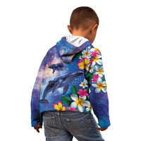 Hawaiian Lei Day Plumeria Humpback Whales Kid Hoodie Polynesian Art Vibrant Starry Nebula Style