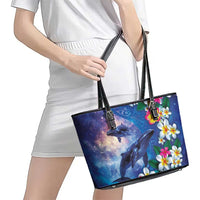 Hawaiian Lei Day Plumeria Humpback Whales Leather Tote Bag Polynesian Art Vibrant Starry Nebula Style