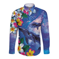 Hawaiian Lei Day Plumeria Humpback Whales Long Sleeve Button Shirt Polynesian Art Vibrant Starry Nebula Style LT03 Unisex Art - Polynesian Pride