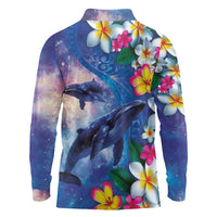 Hawaiian Lei Day Plumeria Humpback Whales Long Sleeve Polo Shirt Polynesian Art Vibrant Starry Nebula Style
