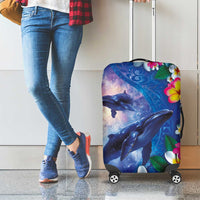 Hawaiian Lei Day Plumeria Humpback Whales Luggage Cover Polynesian Art Vibrant Starry Nebula Style