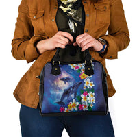 Hawaiian Lei Day Plumeria Humpback Whales Shoulder Handbag Polynesian Art Vibrant Starry Nebula Style