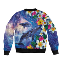 Hawaiian Lei Day Plumeria Humpback Whales Sleeve Zip Bomber Jacket Polynesian Art Vibrant Starry Nebula Style