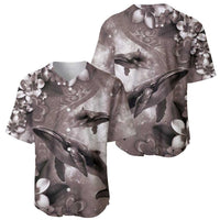 Hawaiian Lei Day Plumeria Humpback Whales Baseball Jersey Polynesian Art Vibrant Starry Nebula Grayscale Style