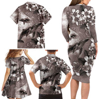 Hawaiian Lei Day Plumeria Humpback Whales Family Matching Long Sleeve Bodycon Dress and Hawaiian Shirt Polynesian Art Vibrant Starry Nebula Grayscale Style