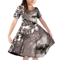 Hawaiian Lei Day Plumeria Humpback Whales Family Matching Off Shoulder Short Dress and Hawaiian Shirt Polynesian Art Vibrant Starry Nebula Grayscale Style