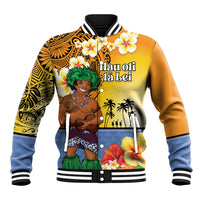 Happy Lei Day Baseball Jacket Hula Male Dancer Polynesian Flower Kakau Pattern LT03 Unisex Yellow - Polynesian Pride