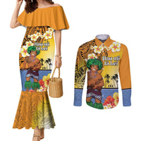 Happy Lei Day Couples Matching Mermaid Dress and Long Sleeve Button Shirt Hula Male Dancer Polynesian Flower Kakau Pattern LT03 Yellow - Polynesian Pride