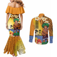 Happy Lei Day Couples Matching Mermaid Dress and Long Sleeve Button Shirt Hula Male Dancer Polynesian Flower Kakau Pattern LT03 - Polynesian Pride