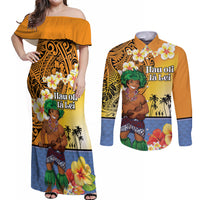Happy Lei Day Couples Matching Off Shoulder Maxi Dress and Long Sleeve Button Shirt Hula Male Dancer Polynesian Flower Kakau Pattern LT03 Yellow - Polynesian Pride