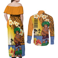 Happy Lei Day Couples Matching Off Shoulder Maxi Dress and Long Sleeve Button Shirt Hula Male Dancer Polynesian Flower Kakau Pattern LT03 - Polynesian Pride
