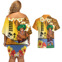Happy Lei Day Couples Matching Off Shoulder Short Dress and Hawaiian Shirt Hula Male Dancer Polynesian Flower Kakau Pattern LT03 - Polynesian Pride