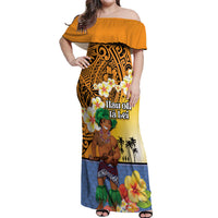 Happy Lei Day Off Shoulder Maxi Dress Hula Male Dancer Polynesian Flower Kakau Pattern LT03 Women Yellow - Polynesian Pride