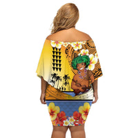 Happy Lei Day Off Shoulder Short Dress Hula Male Dancer Polynesian Flower Kakau Pattern LT03 - Polynesian Pride