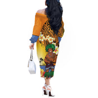 Happy Lei Day Off The Shoulder Long Sleeve Dress Hula Male Dancer Polynesian Flower Kakau Pattern