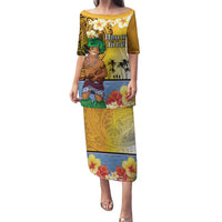 Happy Lei Day Puletasi Hula Male Dancer Polynesian Flower Kakau Pattern LT03 Long Dress Yellow - Polynesian Pride