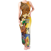 Happy Lei Day Tank Maxi Dress Hula Male Dancer Polynesian Flower Kakau Pattern LT03 Women Yellow - Polynesian Pride