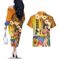Happy Lei Day Couples Matching Off The Shoulder Long Sleeve Dress and Hawaiian Shirt Hula Girl Polynesian Flower Kakau Pattern