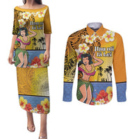 Happy Lei Day Couples Matching Puletasi and Long Sleeve Button Shirt Hula Girl Polynesian Flower Kakau Pattern LT03 Yellow - Polynesian Pride