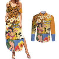 Happy Lei Day Couples Matching Summer Maxi Dress and Long Sleeve Button Shirt Hula Girl Polynesian Flower Kakau Pattern LT03 Yellow - Polynesian Pride