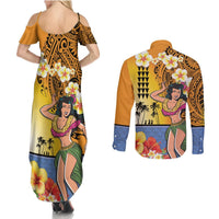 Happy Lei Day Couples Matching Summer Maxi Dress and Long Sleeve Button Shirt Hula Girl Polynesian Flower Kakau Pattern LT03 - Polynesian Pride