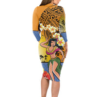 Happy Lei Day Long Sleeve Bodycon Dress Hula Girl Polynesian Flower Kakau Pattern