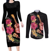 Ukulele mix Polynesian Flower Couples Matching Long Sleeve Bodycon Dress and Long Sleeve Button Shirt Hawaiian Tribal Pattern