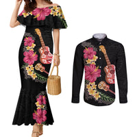 Ukulele mix Polynesian Flower Couples Matching Mermaid Dress and Long Sleeve Button Shirt Hawaiian Tribal Pattern LT03 Black - Polynesian Pride