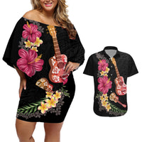 Ukulele mix Polynesian Flower Couples Matching Off Shoulder Short Dress and Hawaiian Shirt Hawaiian Tribal Pattern LT03 Black - Polynesian Pride